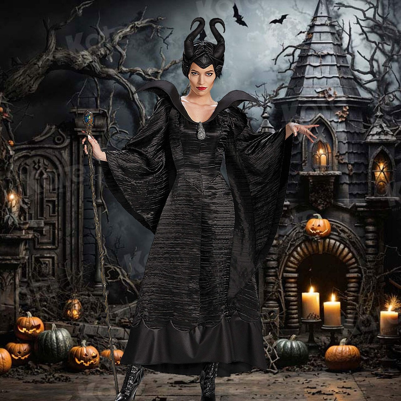 Gothic Maleficent Halloween Costume for Women – Horned Headpiece & Elegant Gown